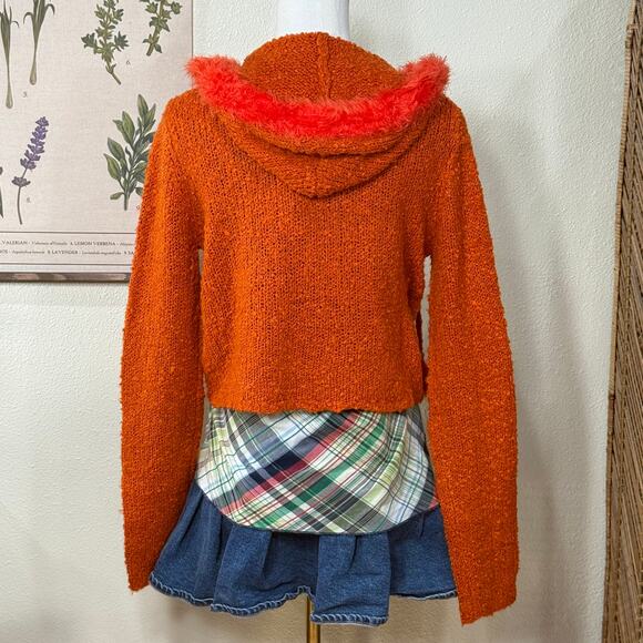 Unif Fuku Orange Hooded Fuzzy Cropp Cardigan Sweater Whimsy Twee Fairy Grunge M - Picture 2 of 6